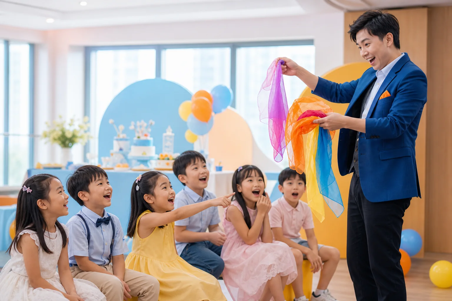Magician presenting colourful magic at a children's party